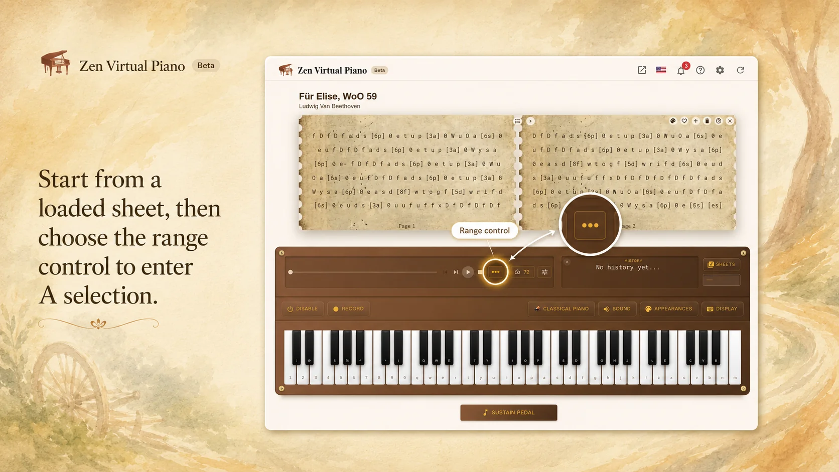 Zen Virtual Piano playback toolbar below the loaded score with the Choose practice range control