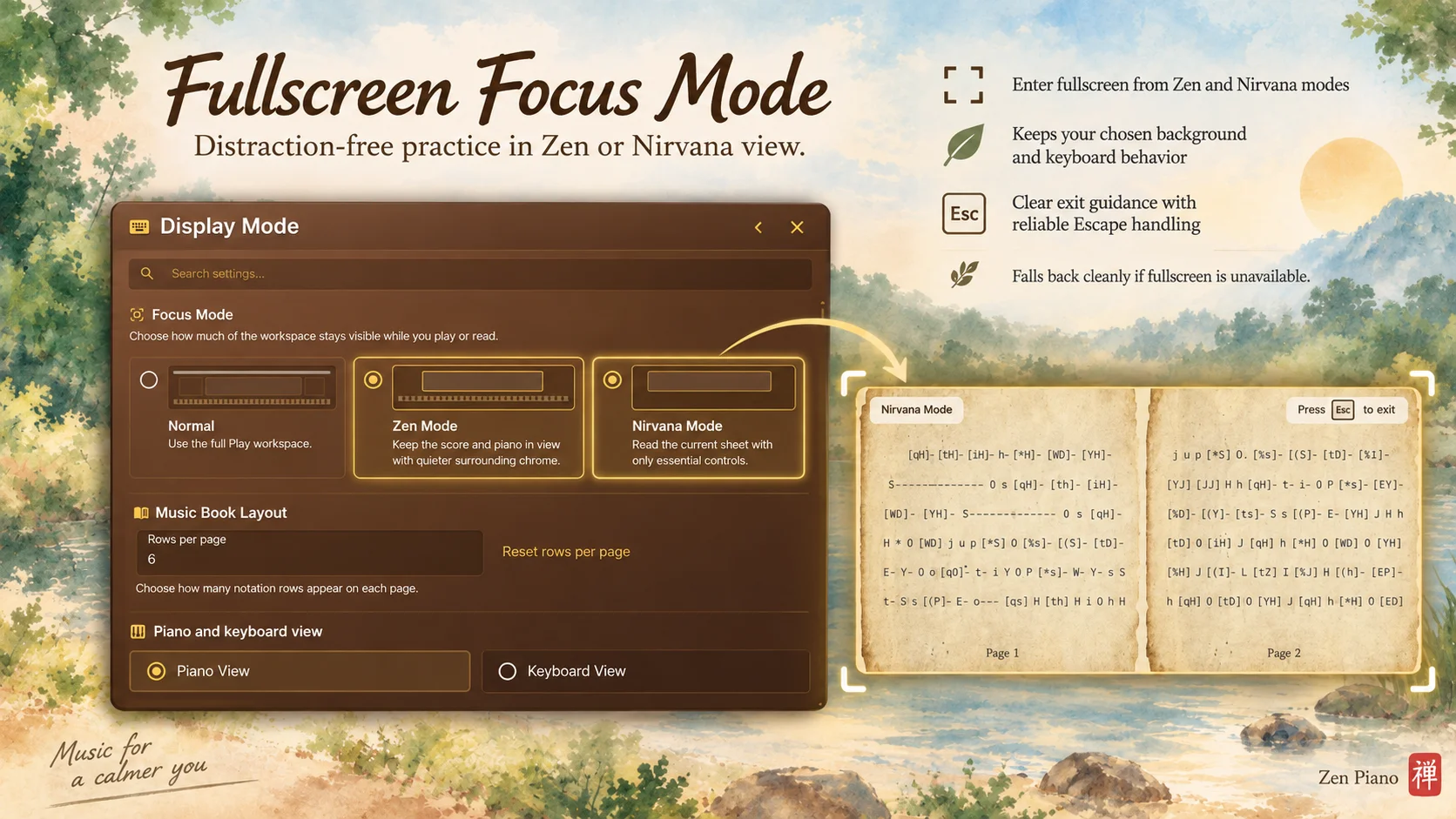 Zen Piano Focus Mode settings showing Normal, Zen, and Nirvana choices, Music Book Layout, and Piano and keyboard view options.