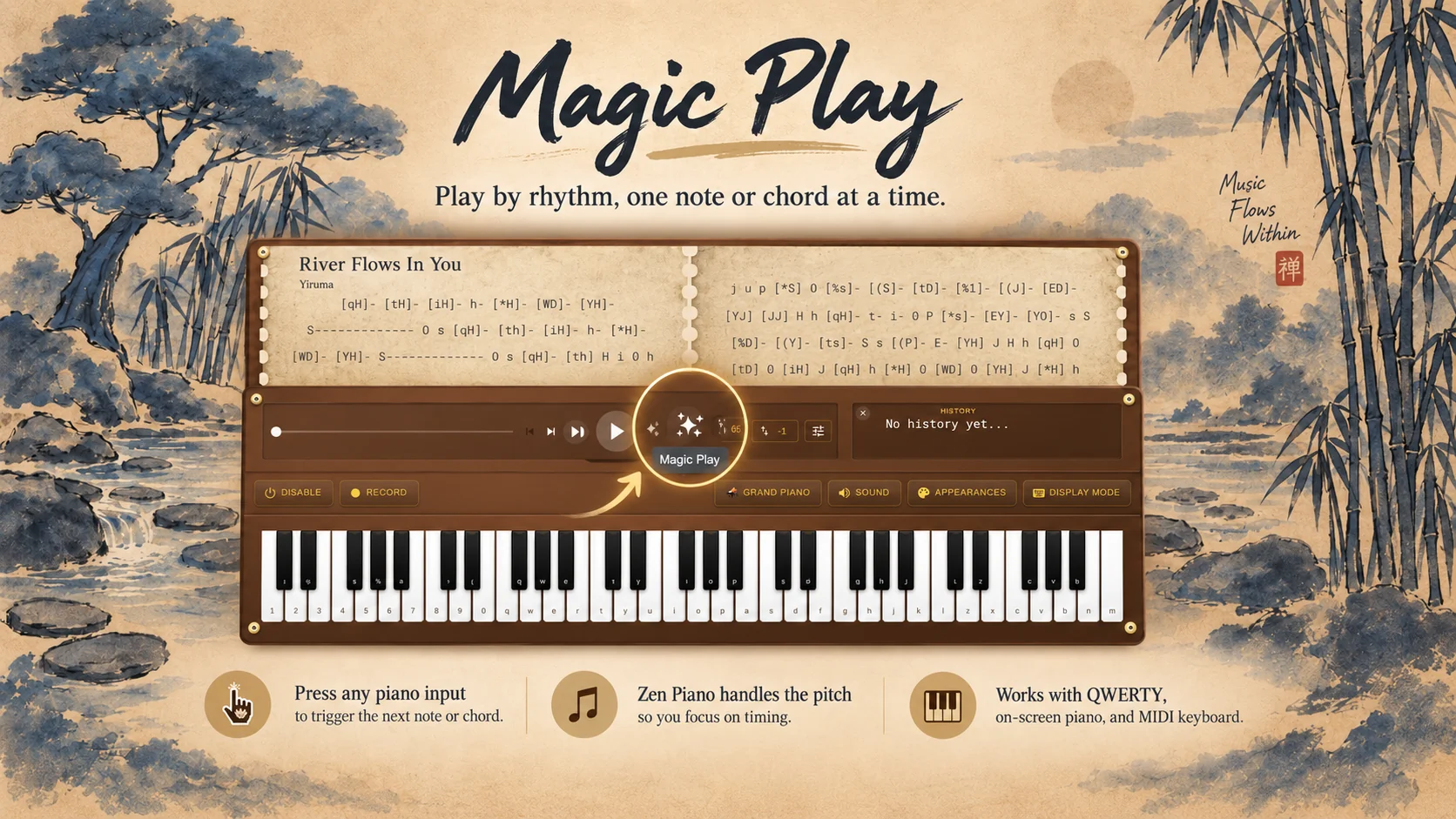Zen Piano Play with Magic Play active, showing Music Book notation and chord feedback beneath Display Mode settings for Normal, Zen, Nirvana, Two-page layout, and piano or keyboard view.