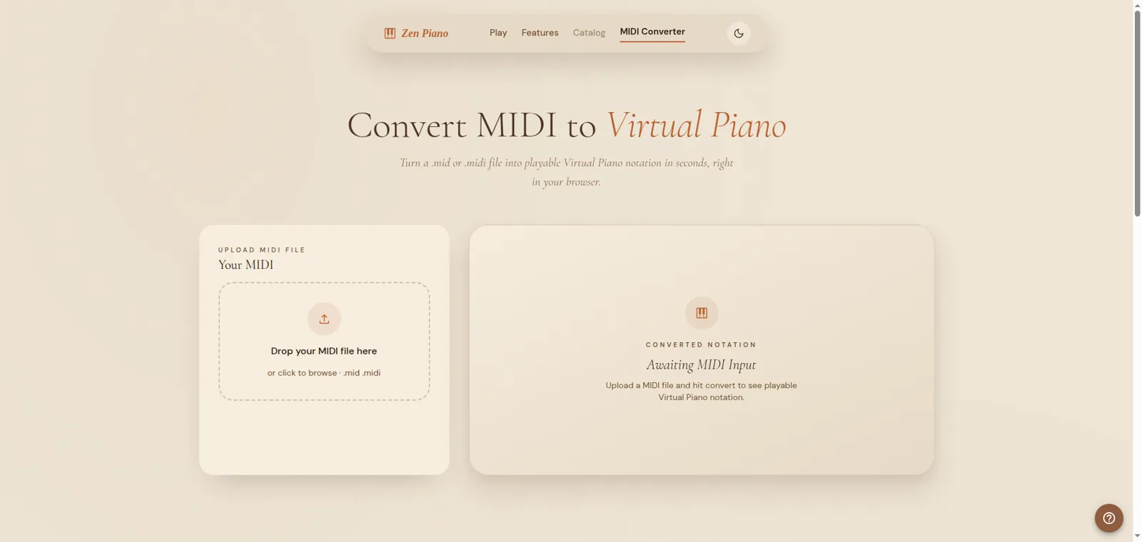 Zen Virtual Piano convert page empty state before any MIDI file is selected