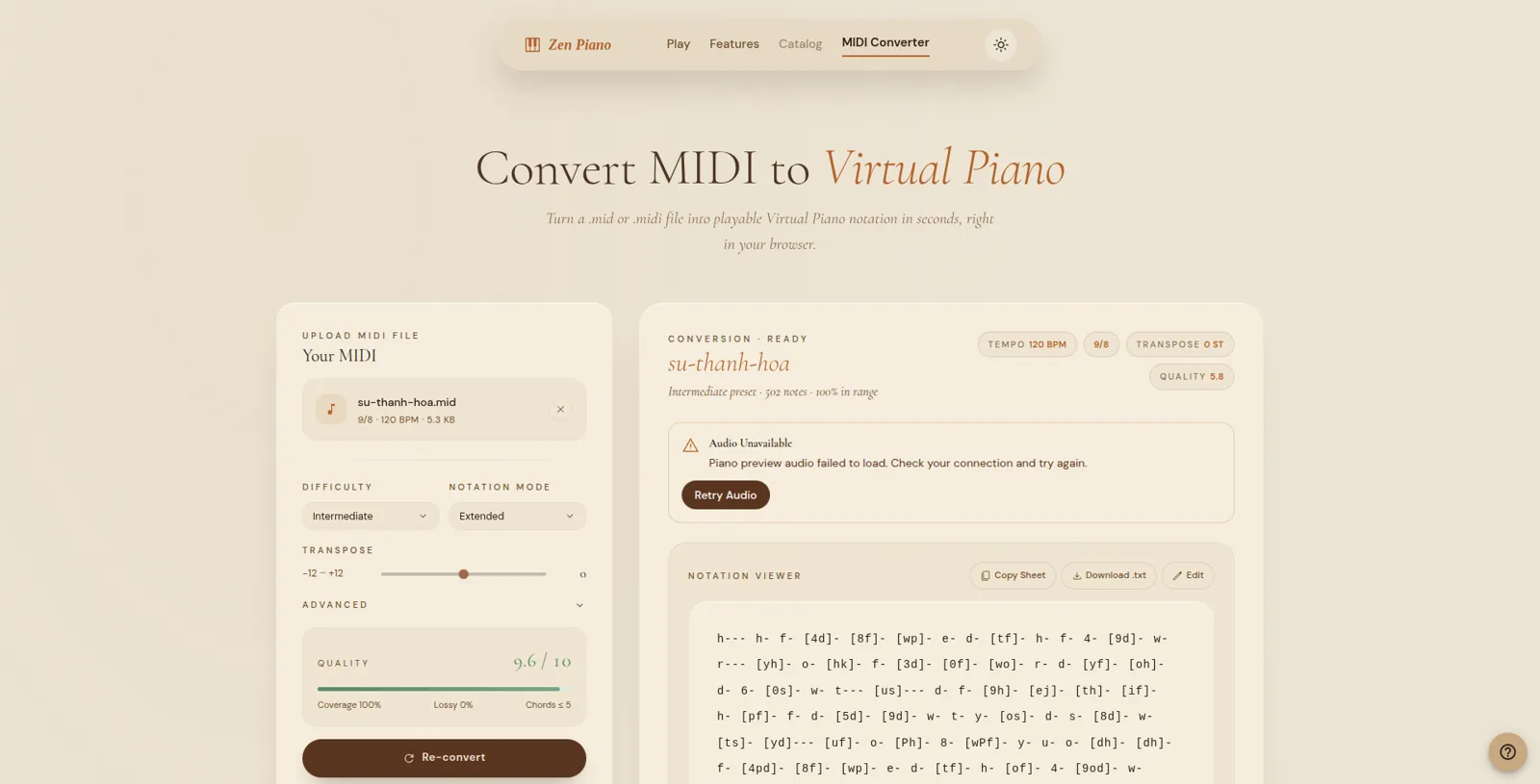 Zen Virtual Piano convert page after loading the su-thanh-hoa MIDI sample