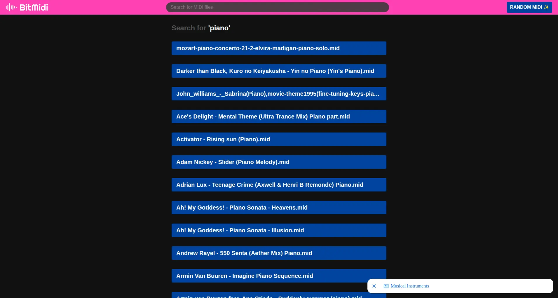 BitMidi catalog page showing piano-related MIDI search results