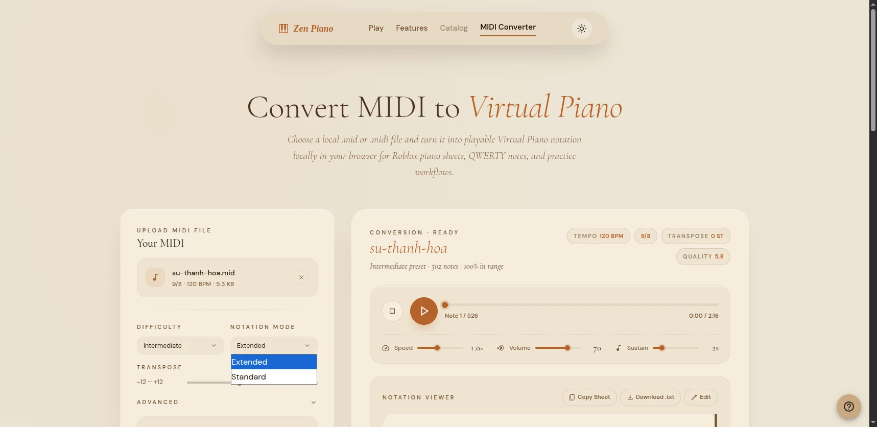 Zen Virtual Piano convert page on 2026-05-18 showing Standard and Extended notation mode options