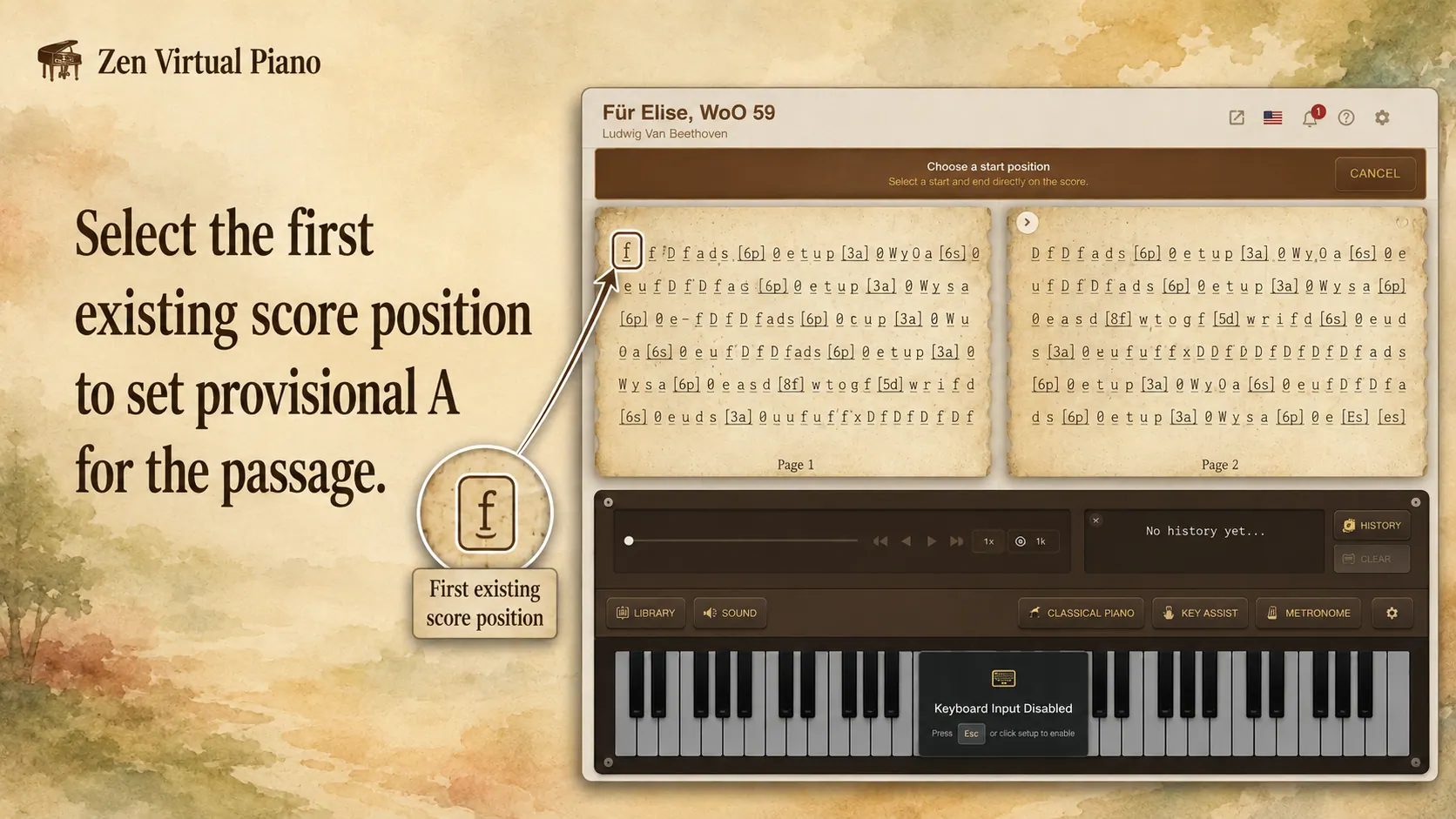 Zen Virtual Piano score in pick-start mode with selectable positions highlighted for range selection