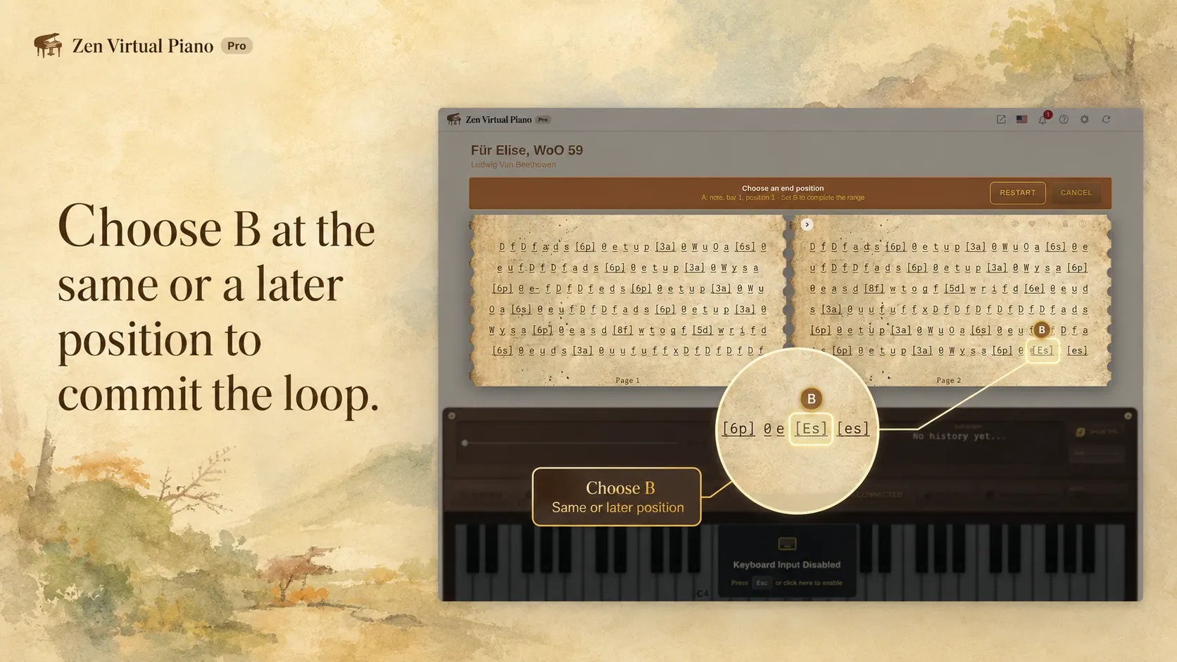 Zen Virtual Piano score in pick-end mode after A selection, awaiting the inclusive end position